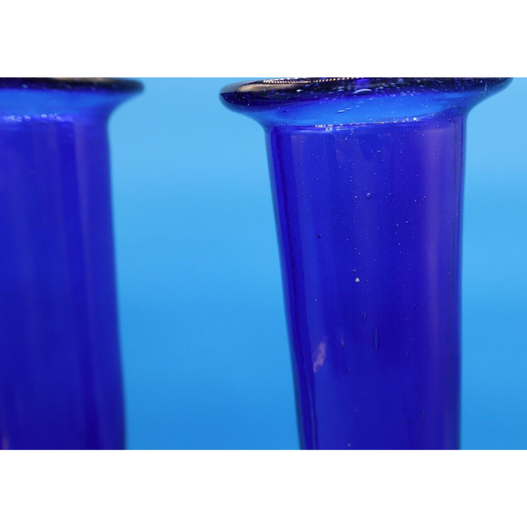 Set Of 3 Cobalt Blue Fluted Glass with Flat Rim Frosted Stem Art Decor. - Picture 8 of 11